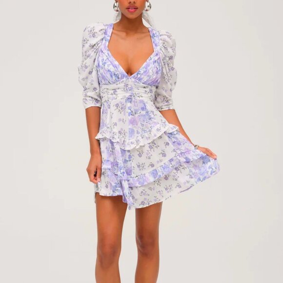 NWOT FOR LOVE AND LEMONS ROSALYN WHITE MINI DRESS IN PURPLE FLORAL PRINT SIZE S - Picture 1 of 8